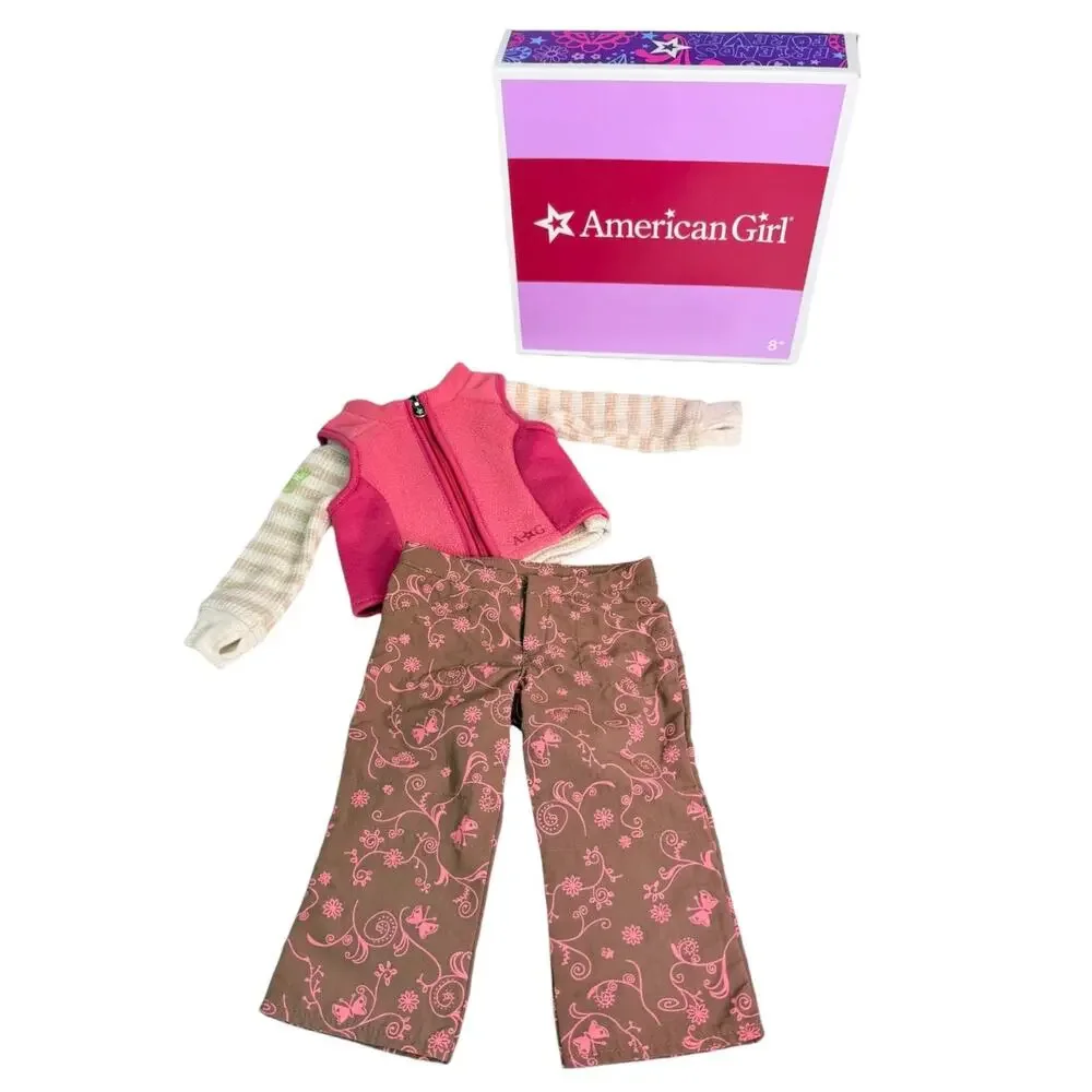 American Girl Wilderness Outfit Thermal Top Floral Hiking Pant Pink Zip Vest Box